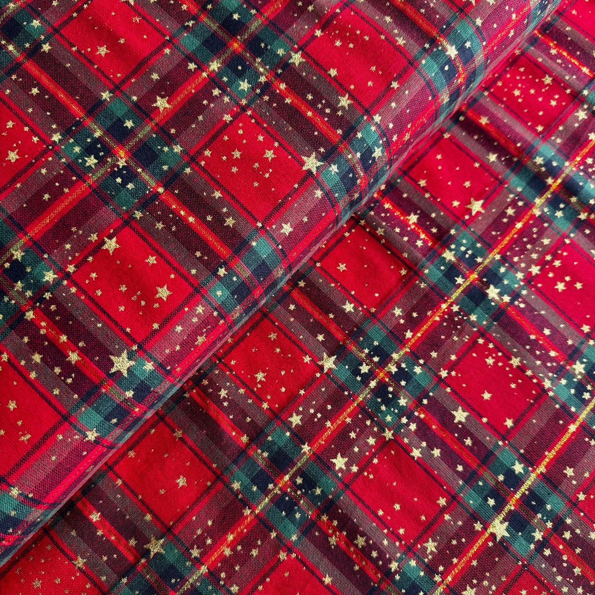 John Louden Christmas Red Tartan with Gold Stars Cotton Fabric at Bibelot Leek