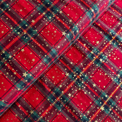 John Louden Christmas Red Tartan with Gold Stars Cotton Fabric at Bibelot Leek