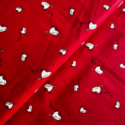 John Louden Christmas Robins on Red Cotton Fabric at Bibelot Leek