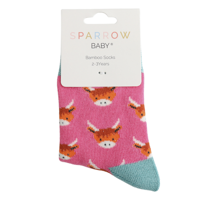 Miss Sparrow Baby Highland Cows Hot Pink Socks (2-3yrs & 4-6yrs) at Bibelot Leek UK Stockist