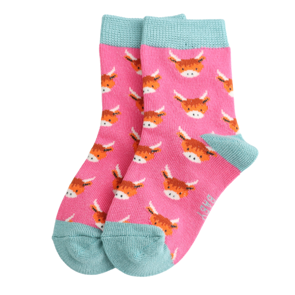 Miss Sparrow Baby Highland Cows Hot Pink Socks (2-3yrs & 4-6yrs) at Bibelot Leek UK Stockist