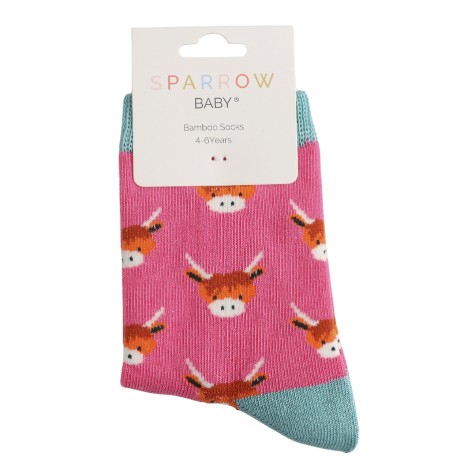 Miss Sparrow Baby Highland Cows Hot Pink Socks (2-3yrs & 4-6yrs) at Bibelot Leek UK Stockist