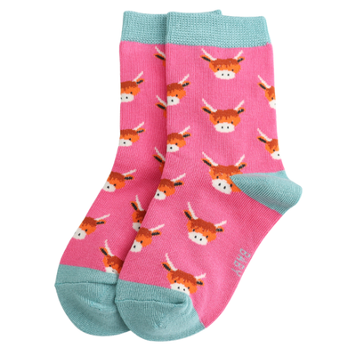 Miss Sparrow Baby Highland Cows Hot Pink Socks (2-3yrs & 4-6yrs) at Bibelot Leek UK Stockist