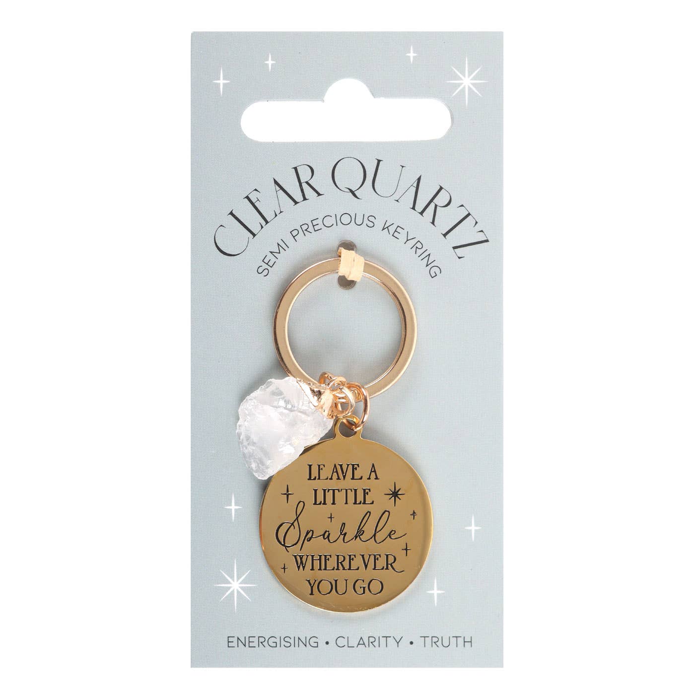 Keychain with motivational tag on a clear quartz keyring packaging