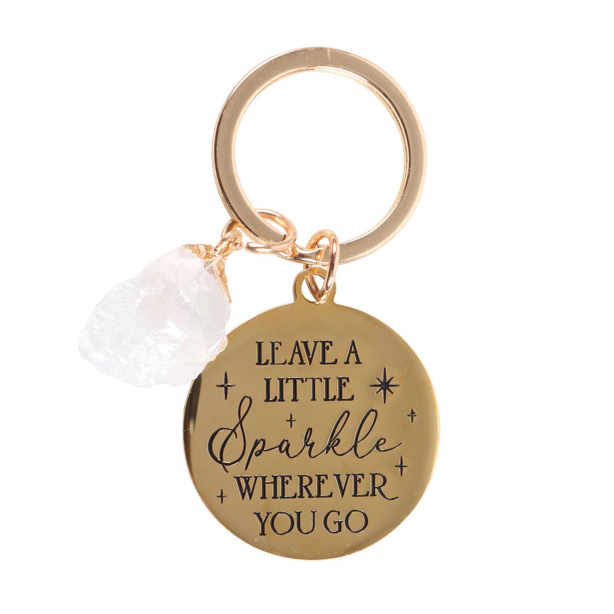 Gold keychain with a round tag and white bead on a white background