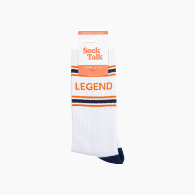 White sock with orange and blue accents and 'Legend' text, branded 'Sock Talk', on a white background.