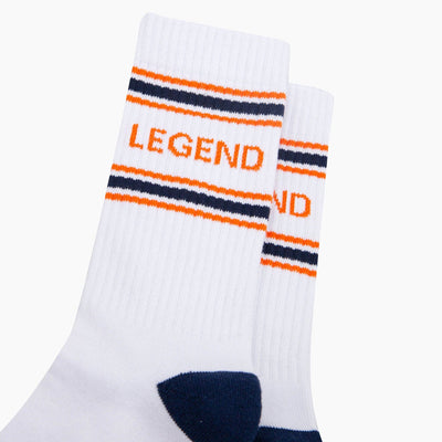 White socks with orange and blue stripes and 'LEGEND' text on a white background