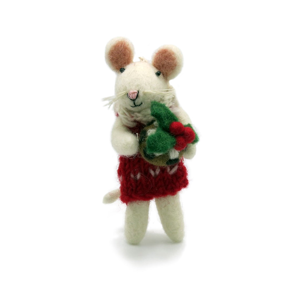 Amica Felt fair trade Little Girl Mouse with Christmas Pudding Decoration