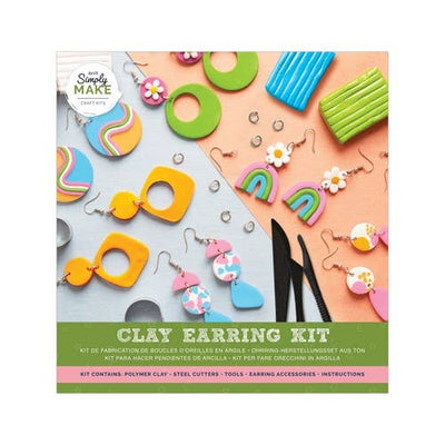 Clay earring kit packaging with colorful clay pieces and tools on a white background