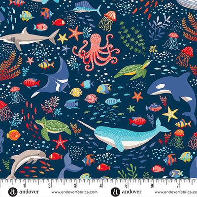 Colorful underwater scene with marine life on a blue background, featuring Andover Fabrics logo.