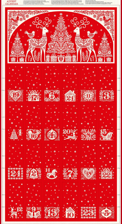 Red advent calendar with white Christmas-themed designs on a white background