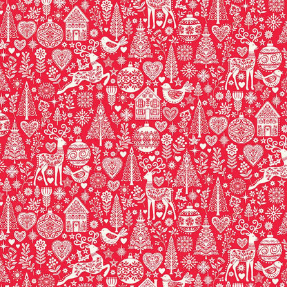 Red and white Christmas pattern with reindeer, trees, and ornaments on a red background
