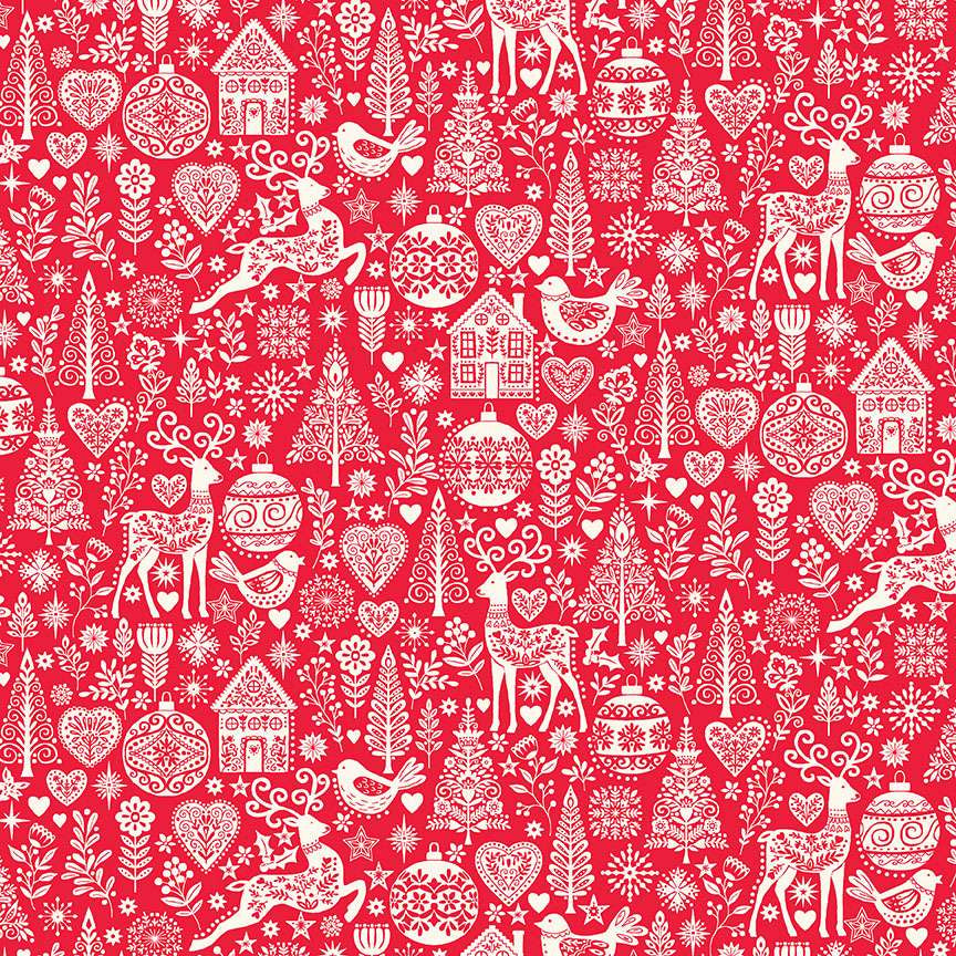 Red and white Christmas pattern with reindeer, trees, and ornaments on a red background