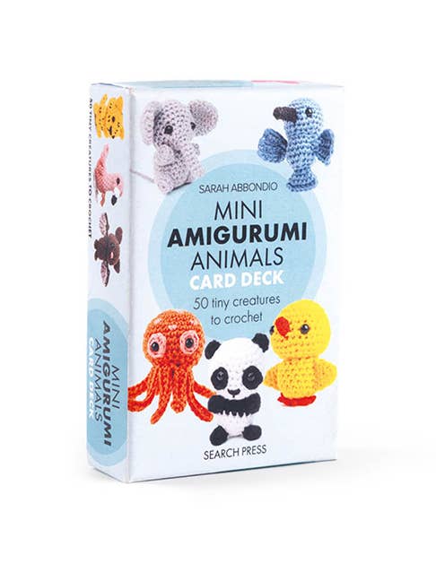 Mini Amigurumi Animals Card Deck packaging with illustrations of small animals on a white background