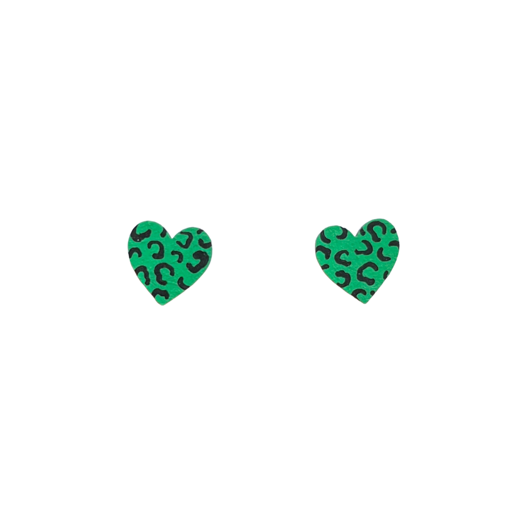 Green heart-shaped earrings with leopard print pattern on a white background