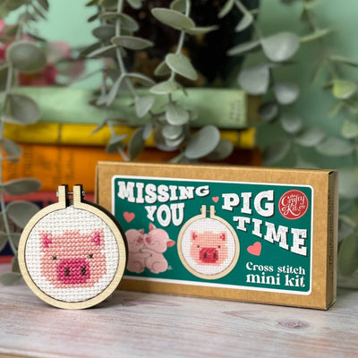 Cross stitch mini kit with pig design and packaging labeled 'Missing You Pig Time' on a wooden surface with greenery in the background.