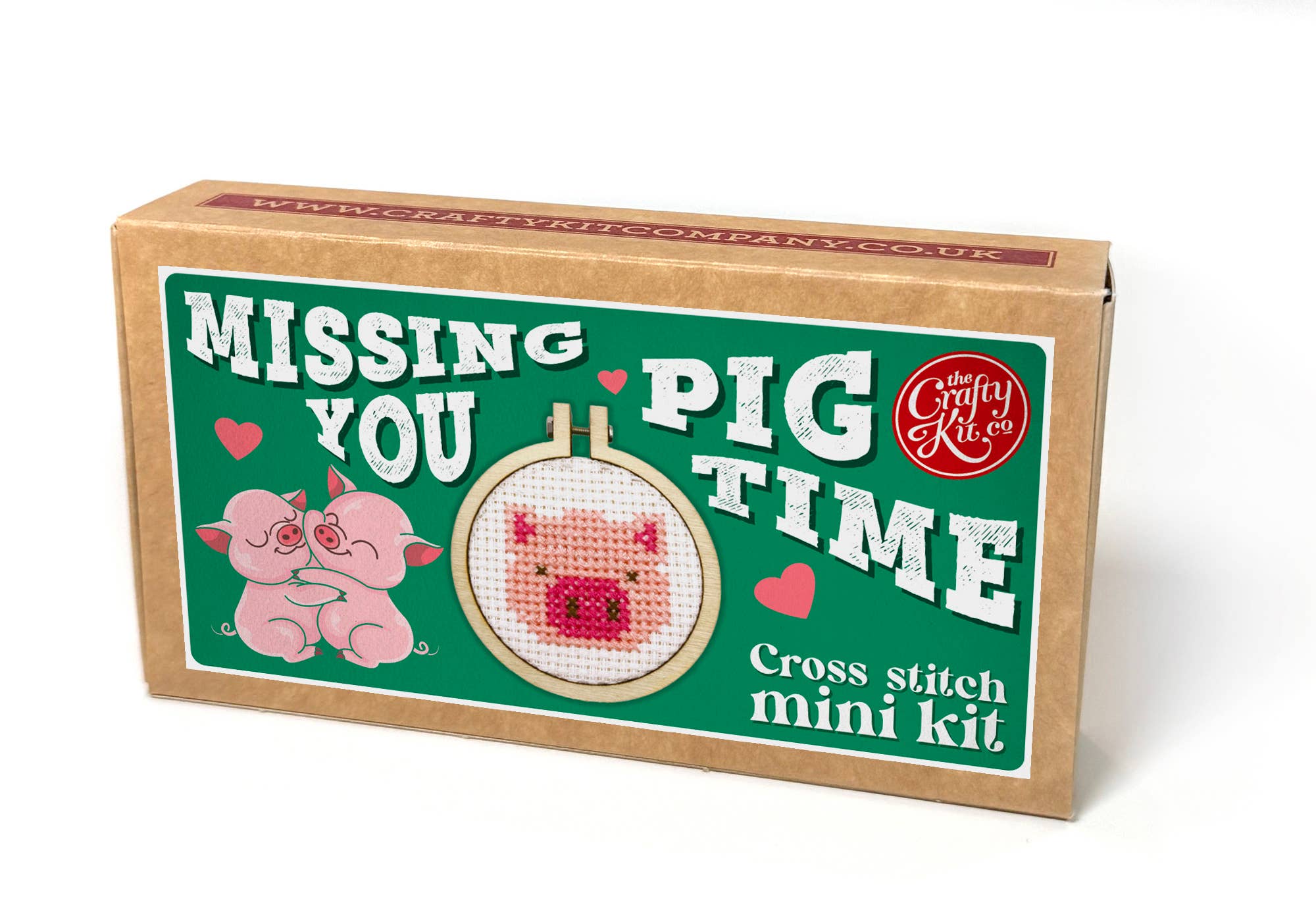 Cross stitch mini kit box with pig design and text 'Missing You Pig Time' on a white background