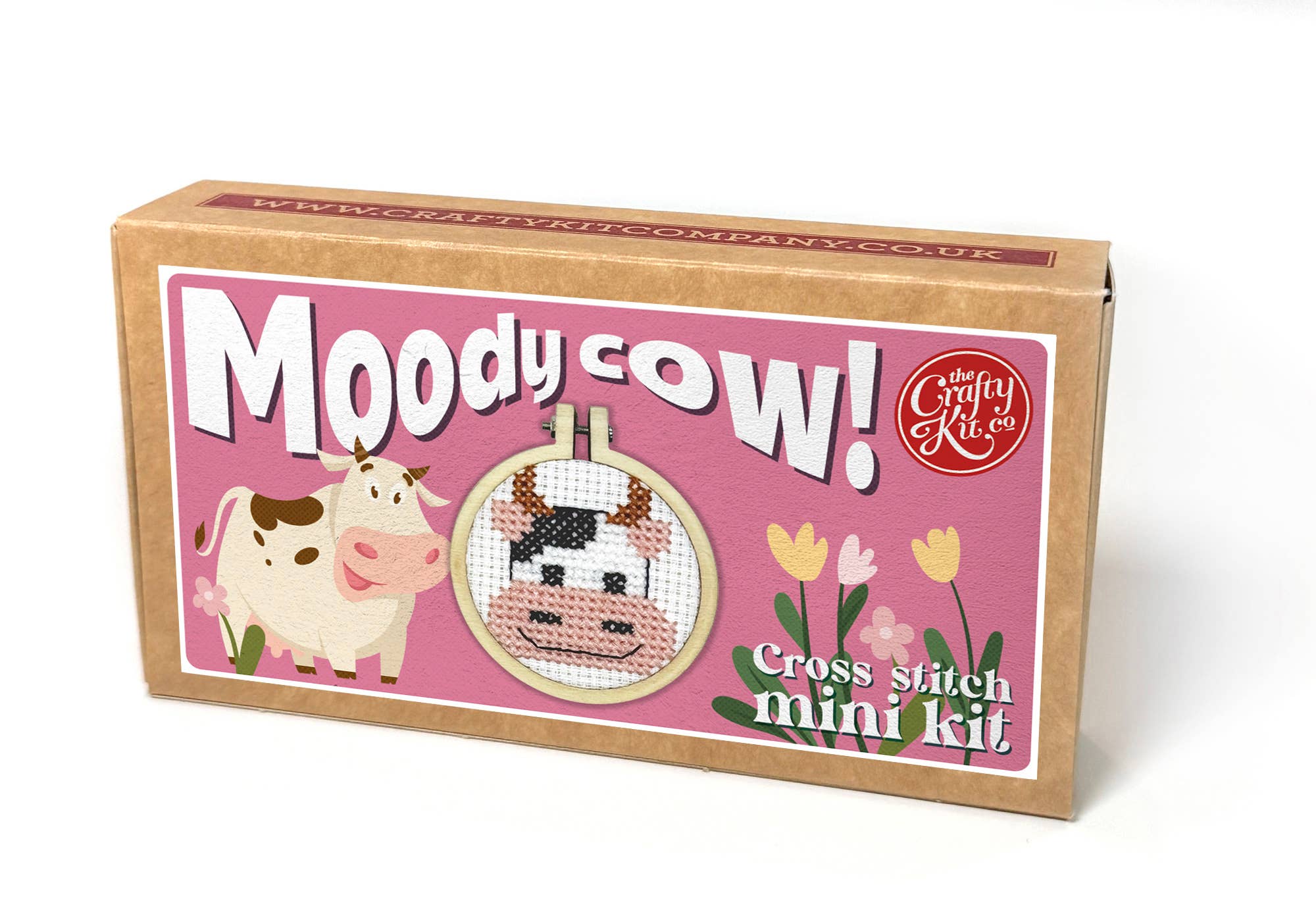 Box for 'Moody Cow!' cross stitch mini kit by The Crafty Kit Company on a white background