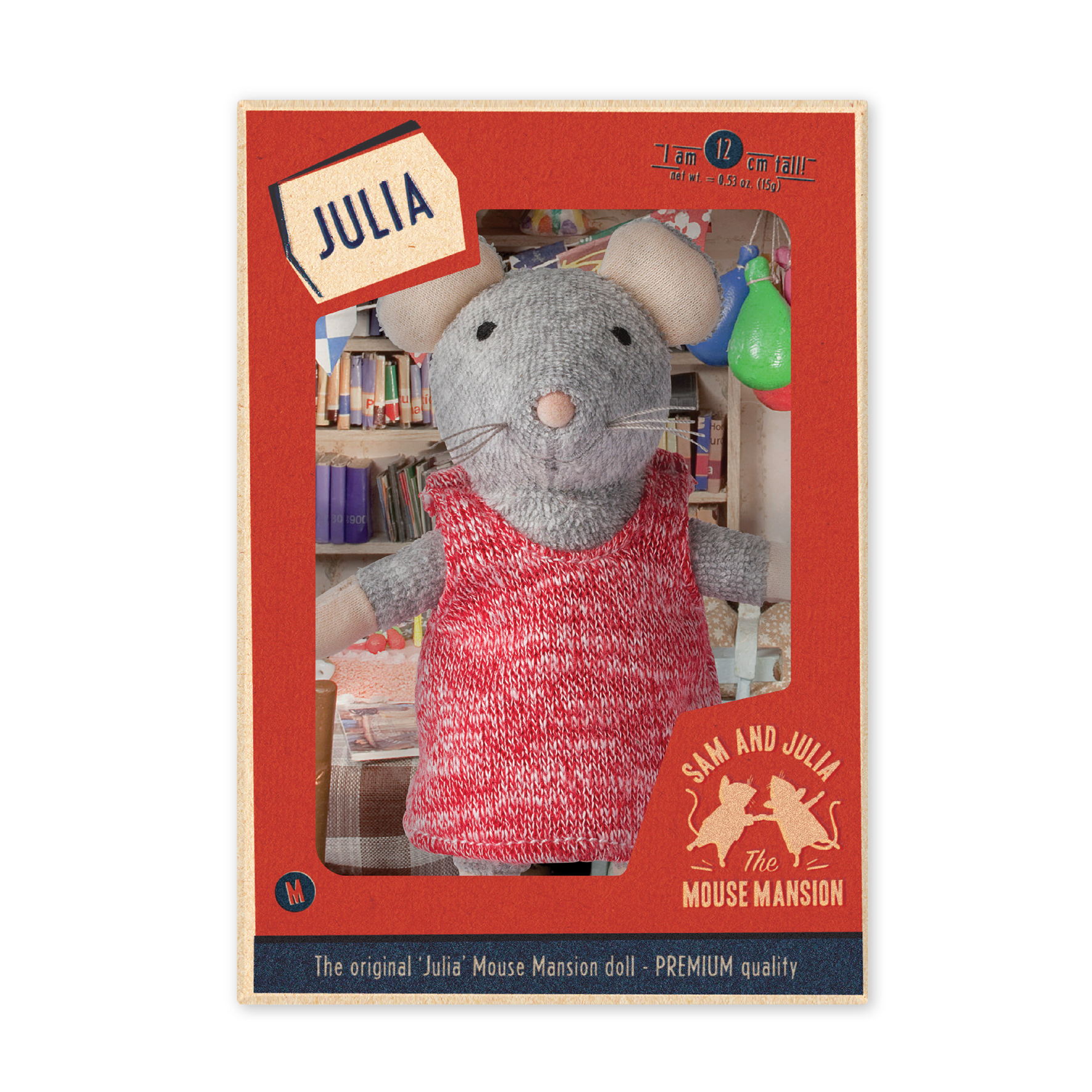 Toy mouse in a red dress with 'Julia' label on packaging, brand 'The Mouse Mansion' visible
