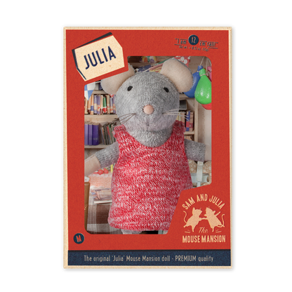 Toy mouse in a red dress with 'Julia' label on packaging, brand 'The Mouse Mansion' visible