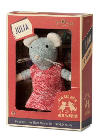 Plush mouse doll in a red dress in a box with 'Julia' label, brand 'Sam & Julia' visible