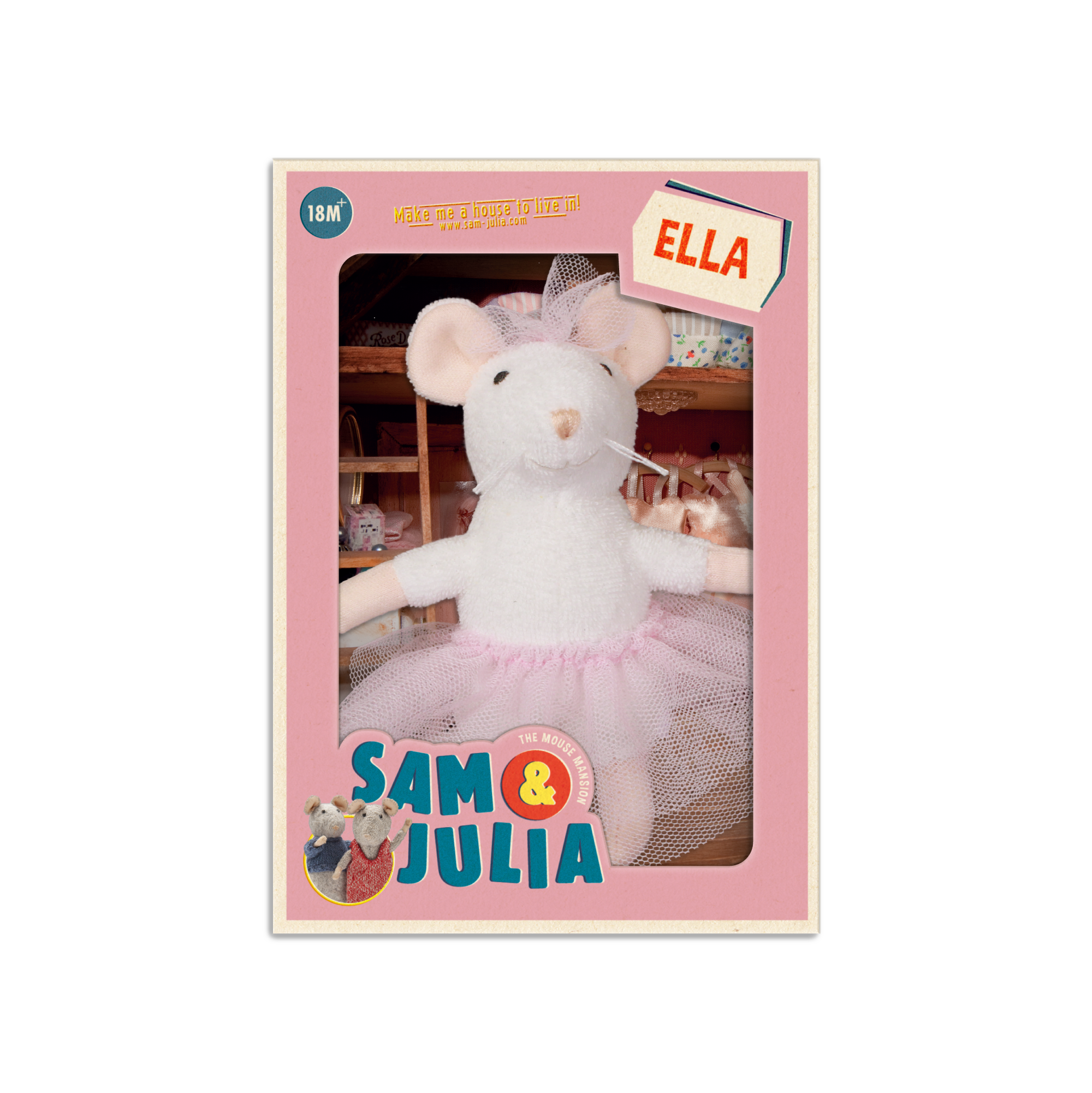 Plush toy mouse in a pink tutu with 'Sam & Julia' branding on a white background