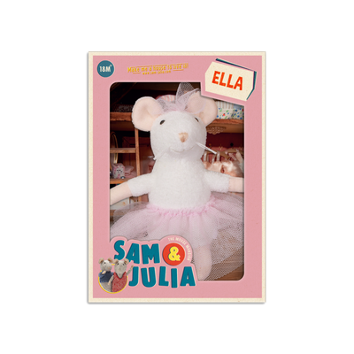Plush toy mouse in a pink tutu with 'Sam & Julia' branding on a white background