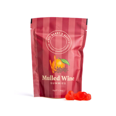 Red package of Mulled Wine Gummies with a brand logo on a white background