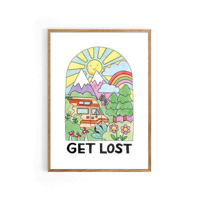 Framed artwork with a colorful illustration of a camper van, mountains, and rainbow with 'GET LOST' text.