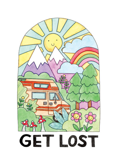 Illustration of a camper van in a mountainous landscape with 'GET LOST' text.
