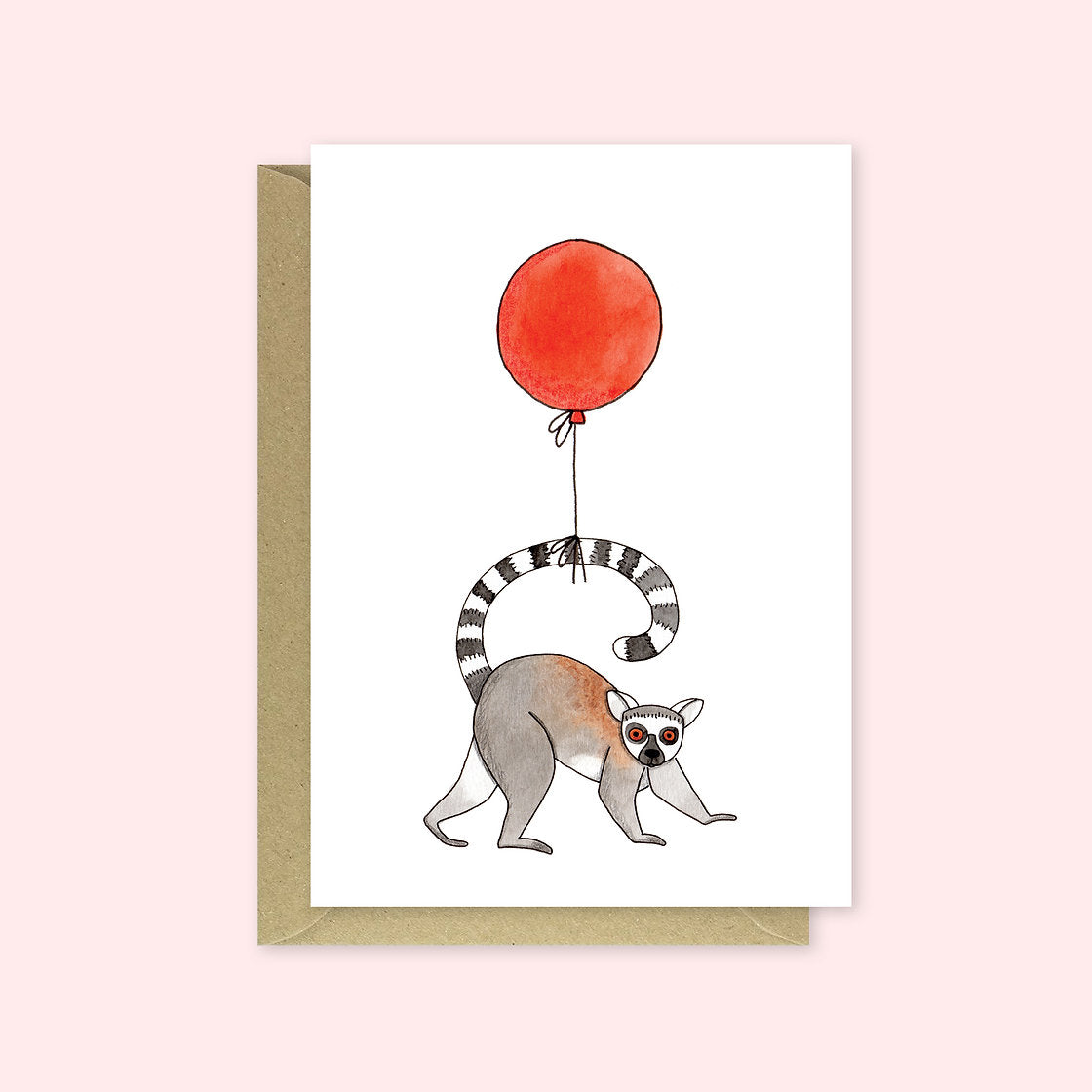 Greeting card with a lemur holding a red balloon on a pink background