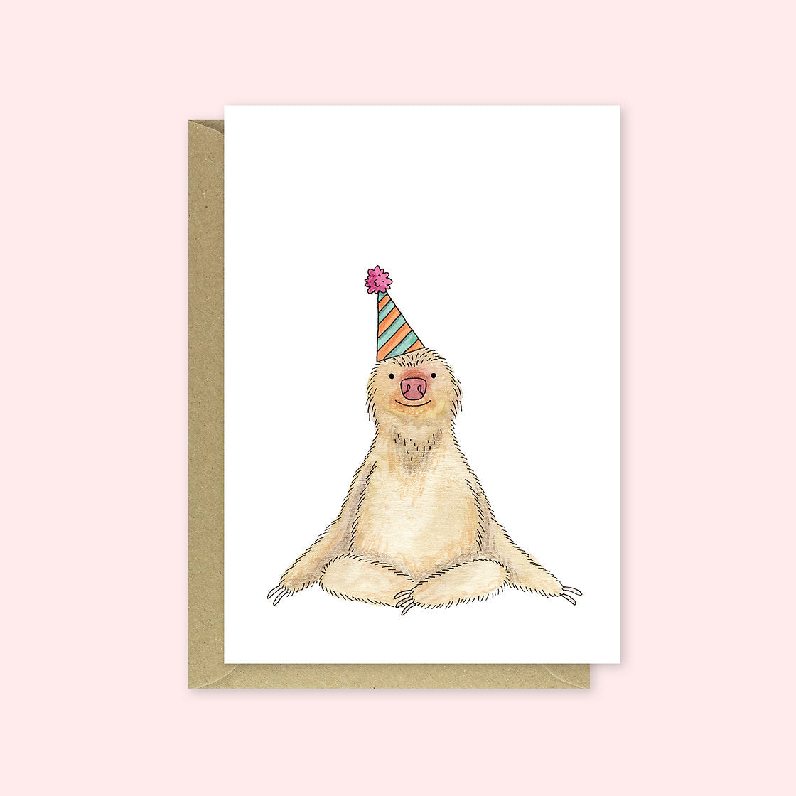 Greeting card with a sloth wearing a party hat on a pink background