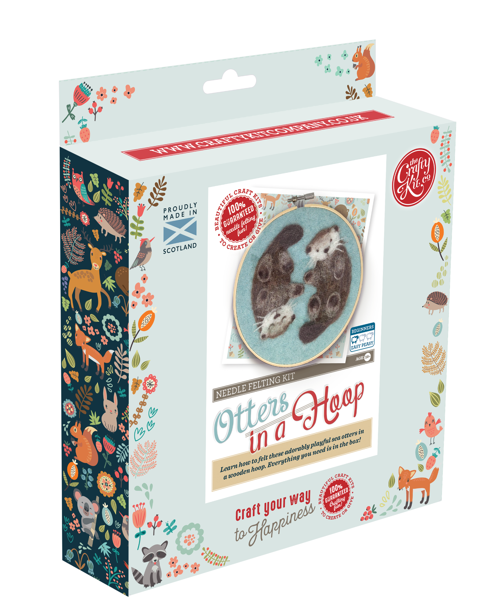 Packaging of a needle felting kit with otters design on a white background