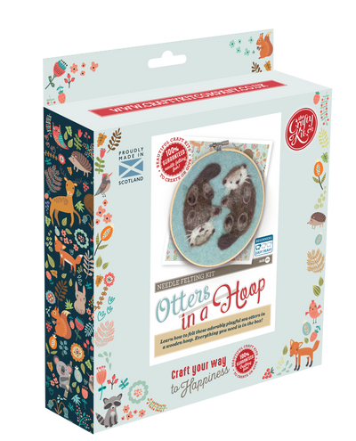 Packaging of a needle felting kit with otters design on a white background