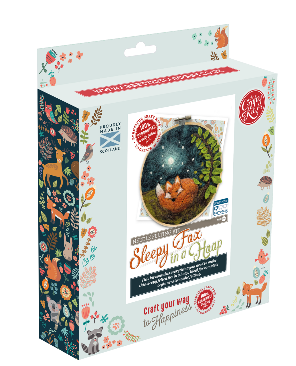 Packaging of a craft kit featuring a fox design on a white background