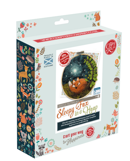 Packaging of a craft kit featuring a fox design on a white background