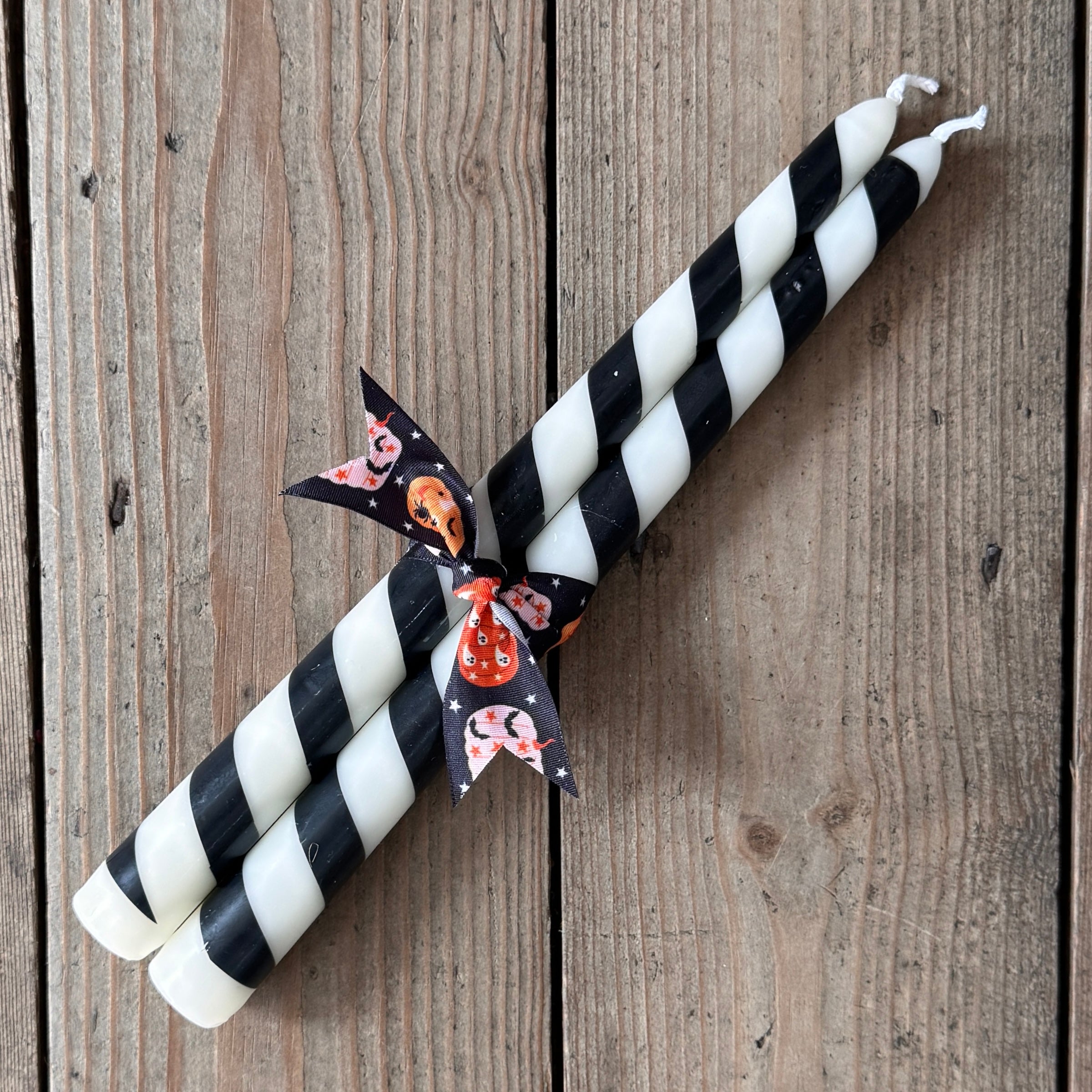 Pair of Black Candy Cane Stripe Creepmas Taper Candles
