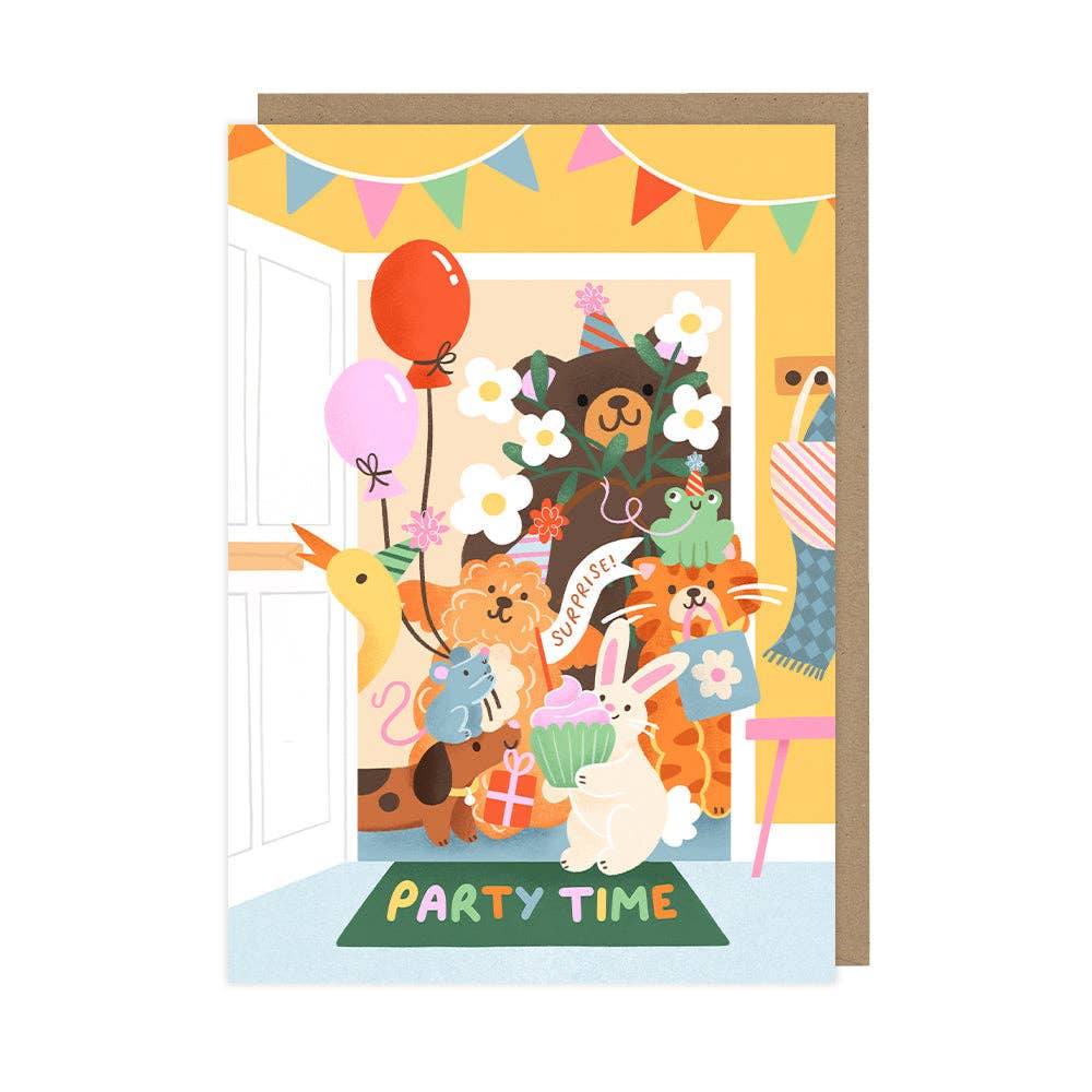 Illustrated birthday card with animals and party decorations on a yellow background