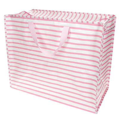 Pink and white striped fabric bag on a white background