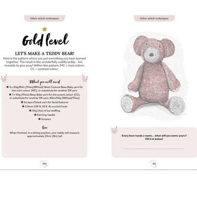 Page from a craft book showing instructions to make a teddy bear with a pink teddy bear illustration.
