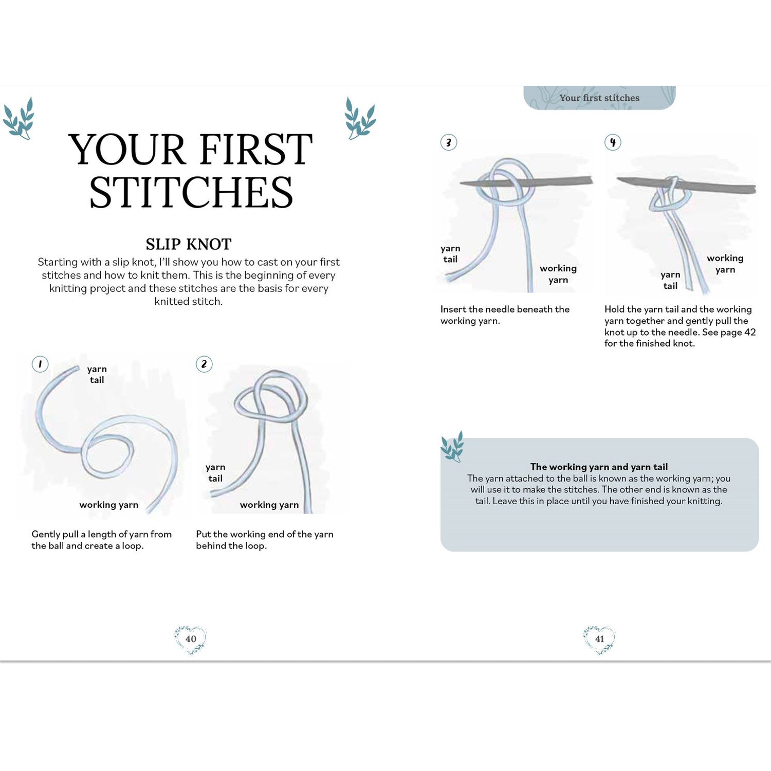 Knitting tutorial page with text and diagrams on starting stitches.
