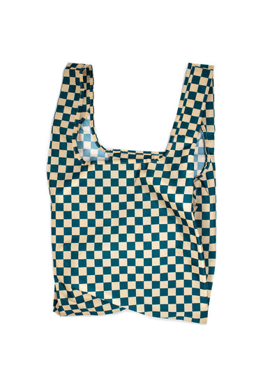 Kind Bag Checkerboard Teal & Beige | Medium Reusable Tote Bag at Bibelot Leek