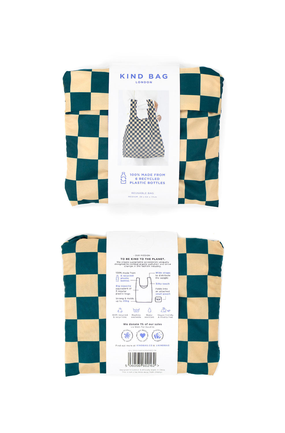 Kind Bag Checkerboard Teal & Beige | Medium Reusable Tote Bag at Bibelot Leek