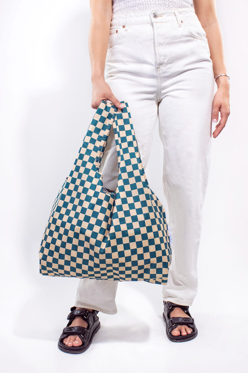 Kind Bag Checkerboard Teal & Beige | Medium Reusable Tote Bag at Bibelot Leek