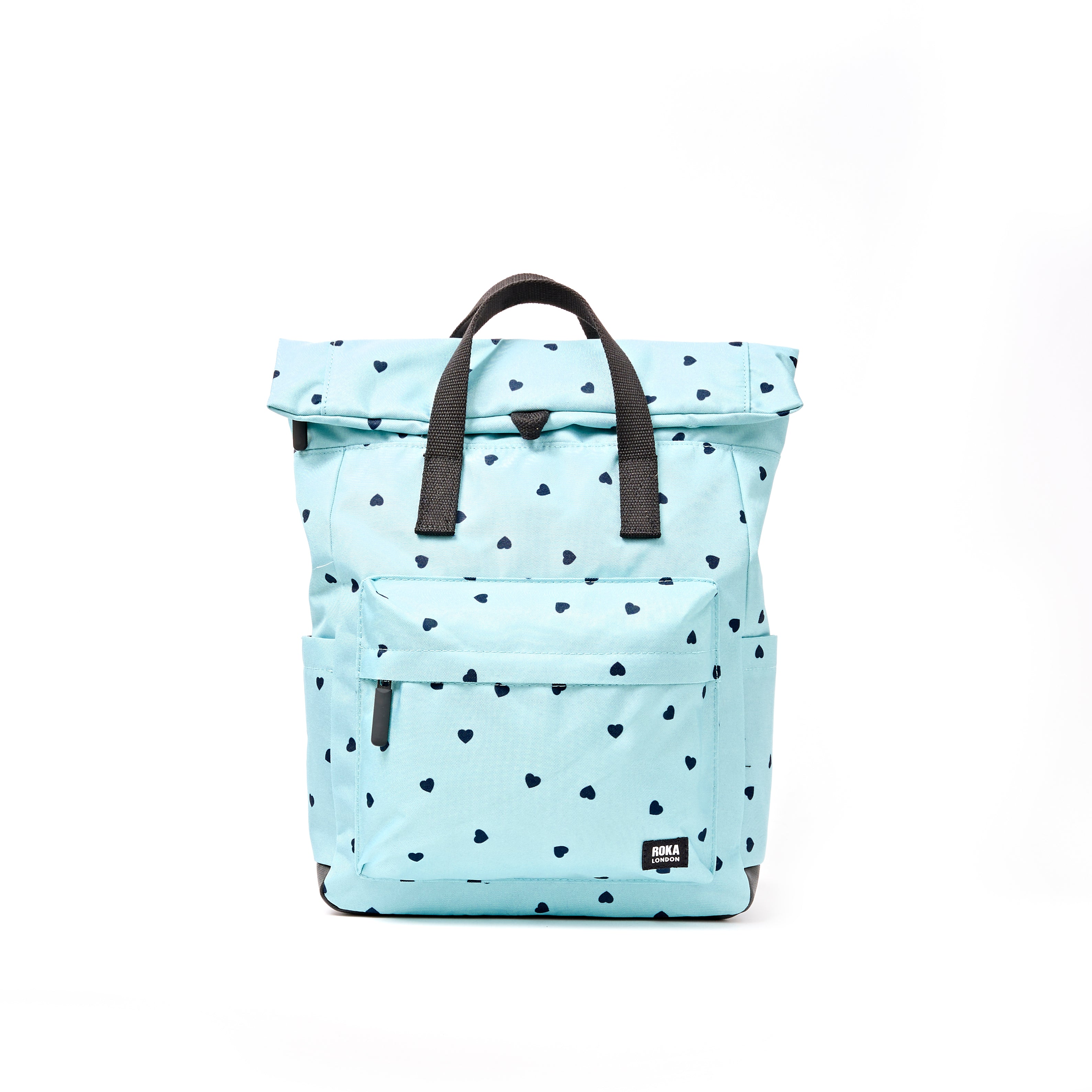 ROKA Canfield Roll Top Medium Backpack – Heart Print Recycled Canvas at Bibelot Leek UK Stockist
