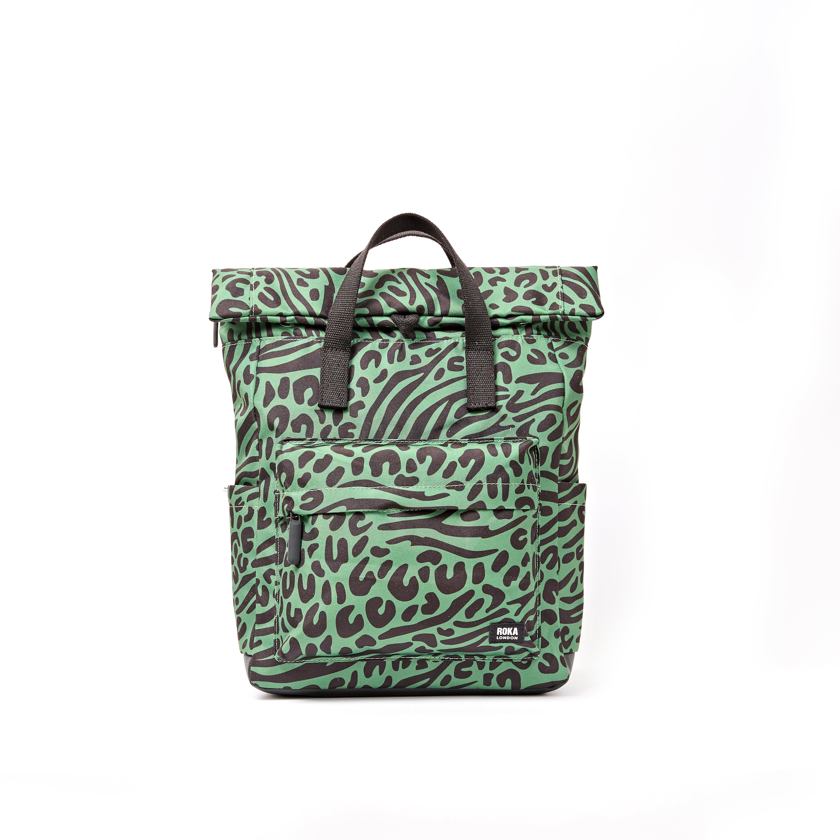 ROKA Canfield Roll Top Medium Backpack – Mixed Animal Artichoke Recycled Canvas at Bibelot Leek UK Stockist
