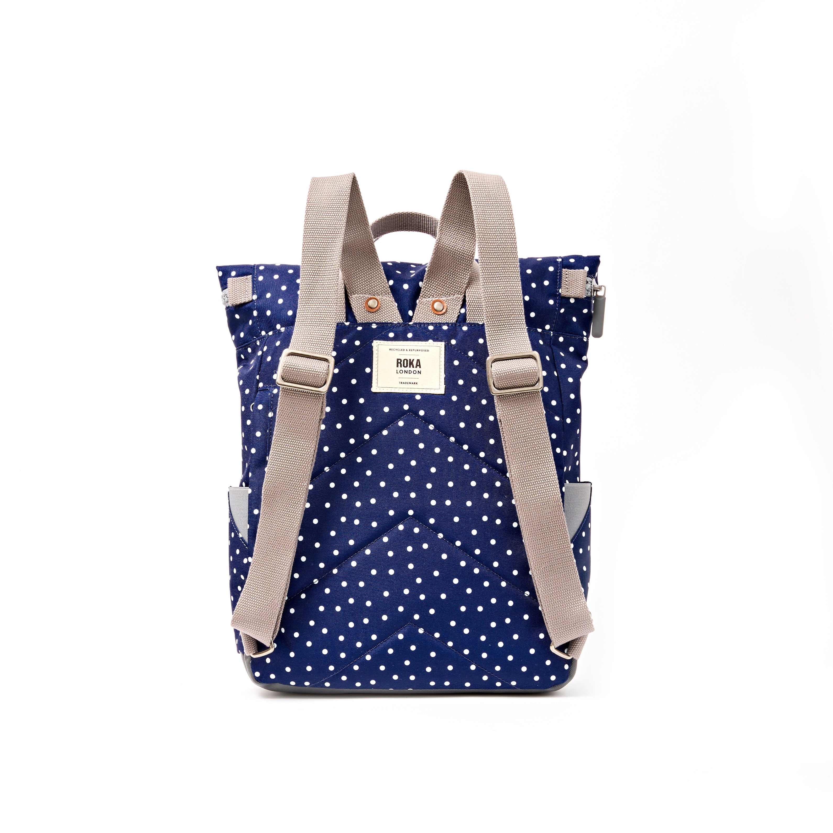 ROKA Canfield Roll Top Medium Backpack – Navy Polka Dot Recycled Canvas at Bibelot Leek UK Stockist