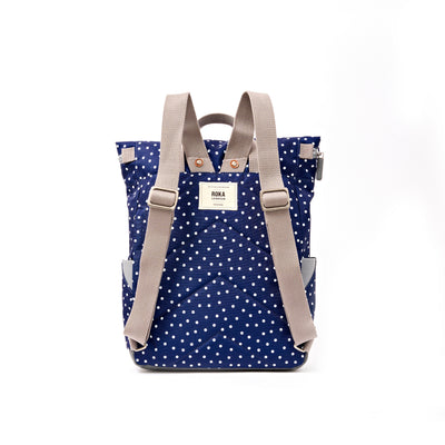 ROKA Canfield Roll Top Medium Backpack – Navy Polka Dot Recycled Canvas at Bibelot Leek UK Stockist