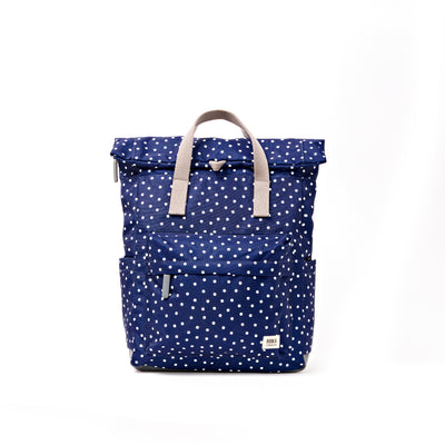 ROKA Canfield Roll Top Medium Backpack – Navy Polka Dot Recycled Canvas at Bibelot Leek UK Stockist
