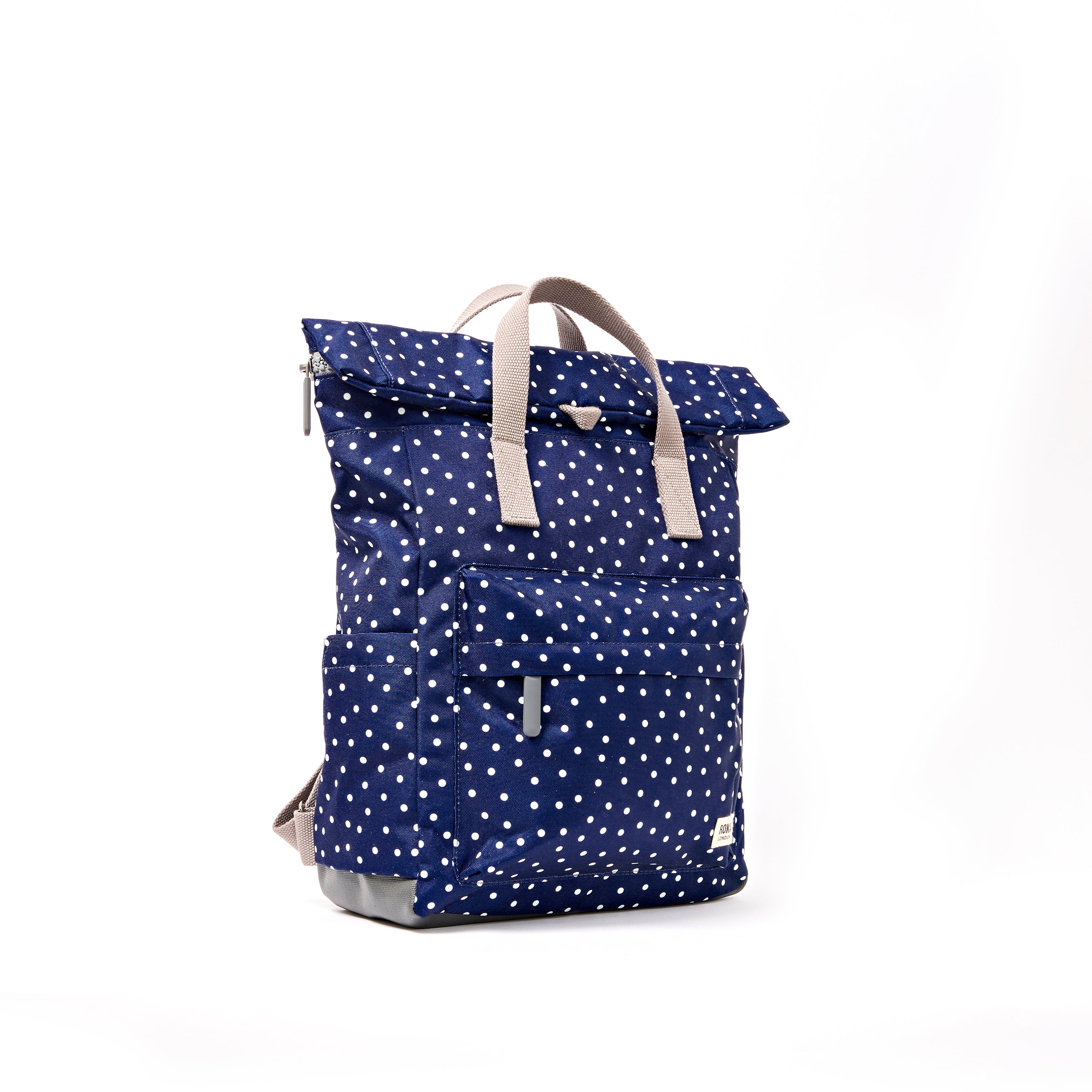 ROKA Canfield Roll Top Medium Backpack – Navy Polka Dot Recycled Canvas at Bibelot Leek UK Stockist